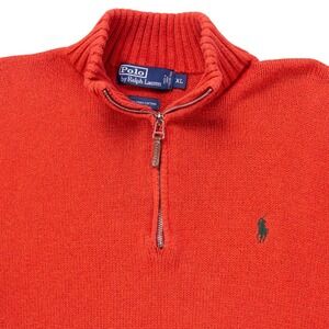 VTG Polo Ralph Lauren Mens XL Orange‎ Cotton 1/4 Zip Knit Pullover Sweater